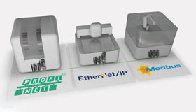 Three gray, stylized machines are each positioned on a panel with the logo of the Ethernet protocols PROFINET, Ethernet/IP and Modbus TCP